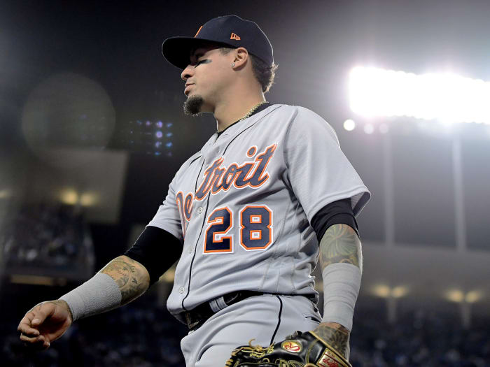 Apr 30, 2022; Los Angeles, California, USA; Detroit Tigers shortstop Javier Baez (28) returns to the dugout following the bottom of the sixth inning against the Los Angeles Dodgers at Dodger Stadium.